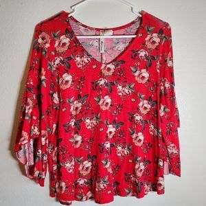 Kirious Rose Bell Sleeve Flowy Light Red Floral Womans Top Medium